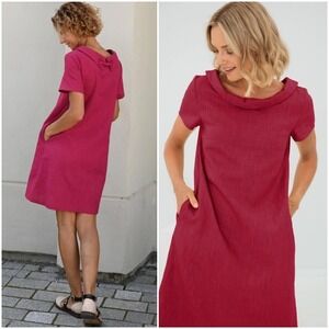 Le Muse STORY Linen Dress Cerise Pink Short Sleeve Cowl Neck Midi Shift Size L